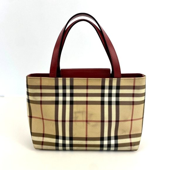 🔥🔥 sale.Burberry T-02-1 Handbag Small Tote Nova Check with Red Leather Straps, - Picture 3 of 17
